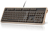 RK104 Typewriter Keyboard, Retro Mechanical, Wooden Grain Wired Full-Size Keyboard with Round Keycaps, N-Key Rollover, Green Linear Switches
