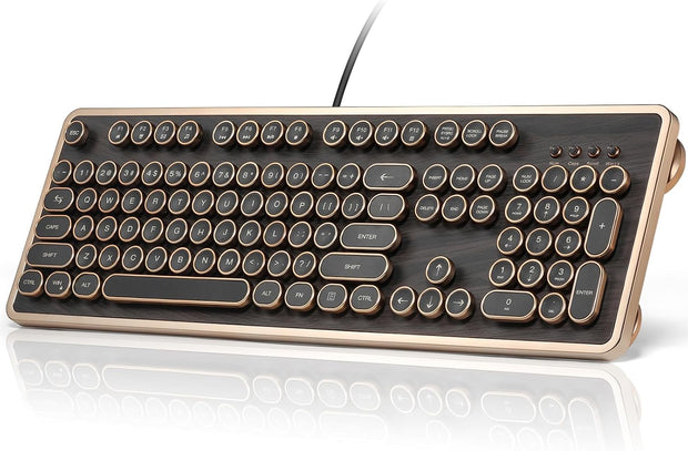 RK104 Typewriter Keyboard, Retro Mechanical, Wooden Grain Wired Full-Size Keyboard with Round Keycaps, N-Key Rollover, Green Linear Switches