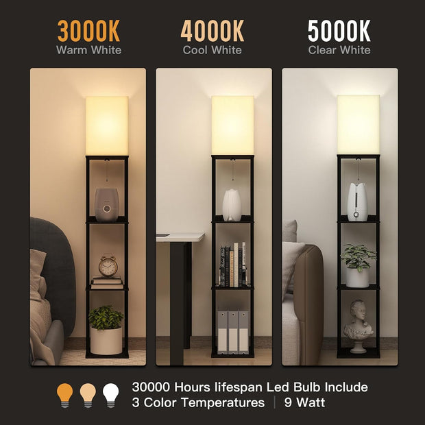 4 Tier Floor Lamp with Shelves, Shelf Floor Lamp with 2 USB Ports, 2 Power Outlet, Standing Lamp with 3 Color Temperature, Corner Lamp with Linen Shade for Living Room, Bedroom, Office