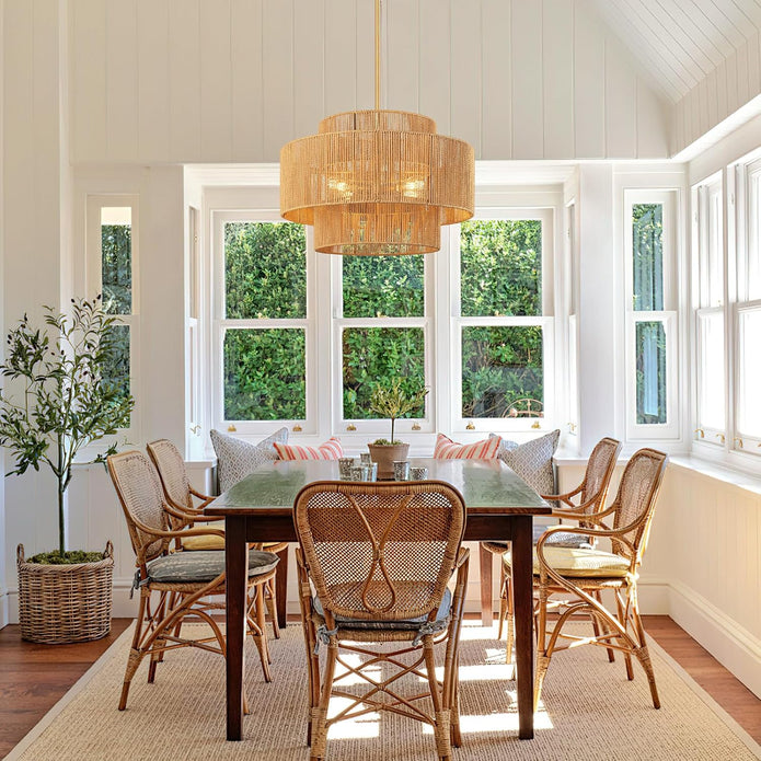 24'' Boho Rattan Chandelier, 4-Light Hand-Woven Wicker Pendant Lamp, Rustic Modern Ceiling Light Fixture