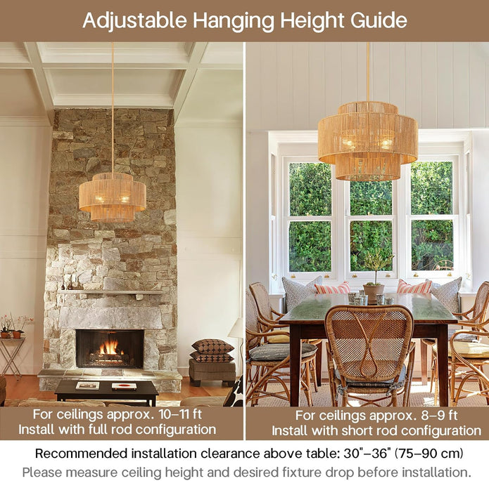 24'' Boho Rattan Chandelier, 4-Light Hand-Woven Wicker Pendant Lamp, Rustic Modern Ceiling Light Fixture