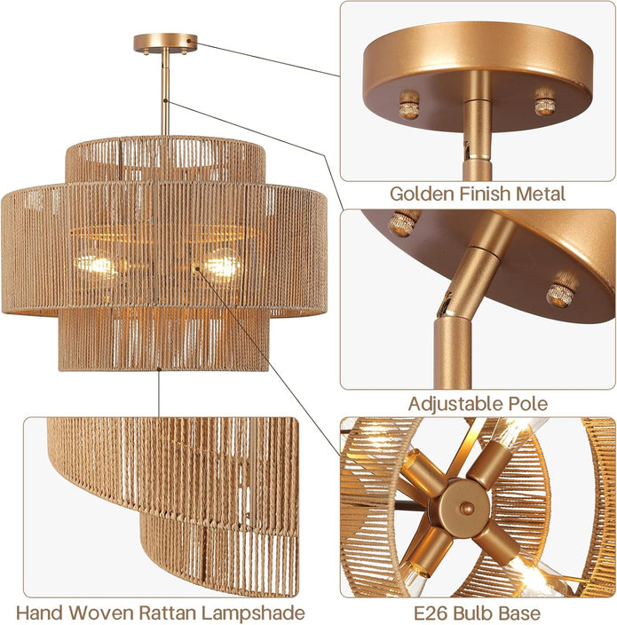 24'' Boho Rattan Chandelier, 4-Light Hand-Woven Wicker Pendant Lamp, Rustic Modern Ceiling Light Fixture