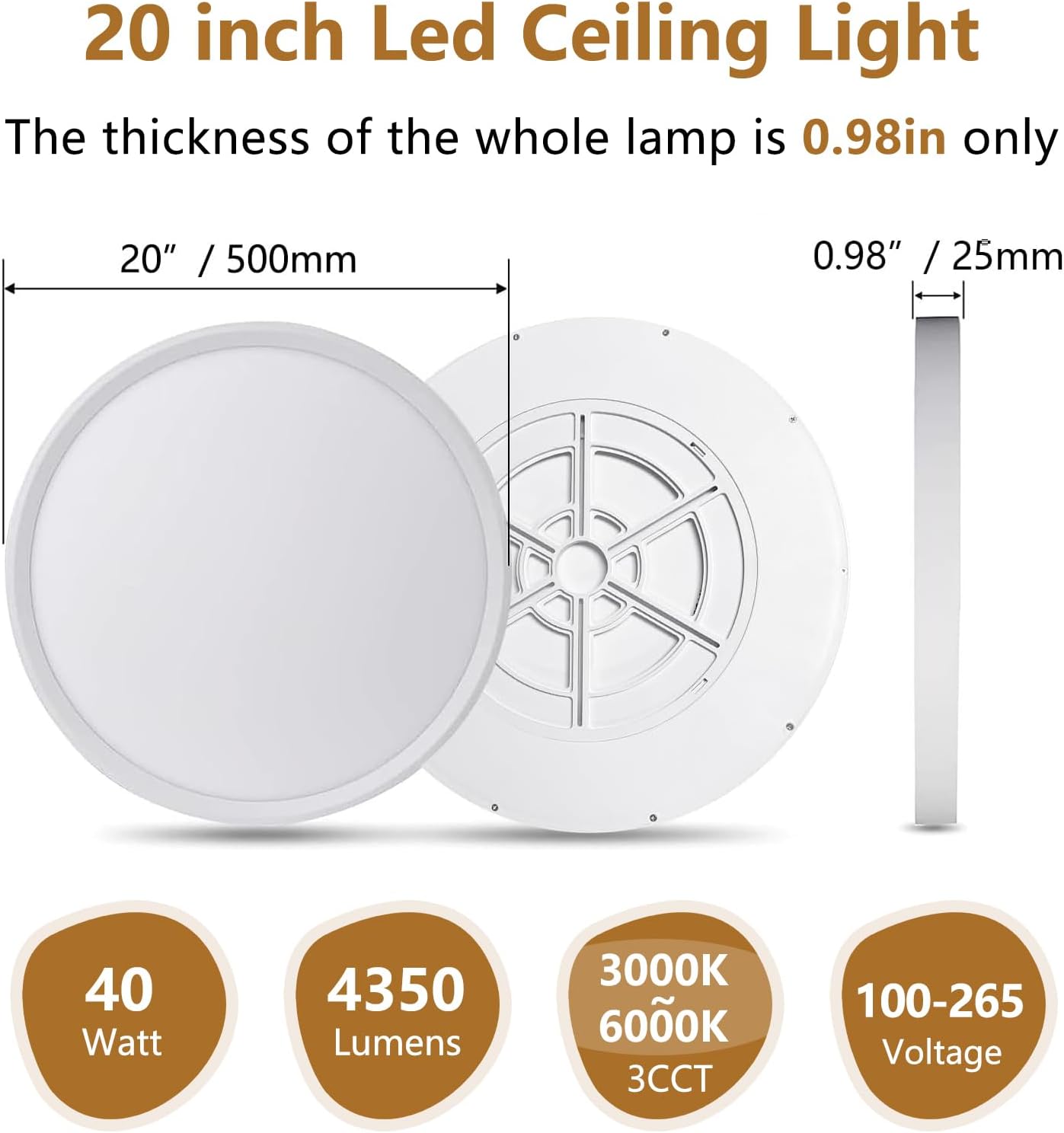20 Inch Large LED Flush Mount Ceiling Light, 40W,4350LM, 3000K/4000K/6000K CCT Selectable,0.98inch Super Slim Low Profile Round Flat Panel Light