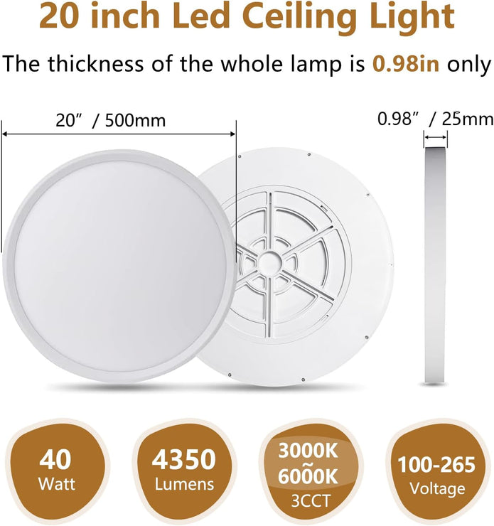 20 Inch Large LED Flush Mount Ceiling Light, 40W,4350LM, 3000K/4000K/6000K CCT Selectable,0.98inch Super Slim Low Profile Round Flat Panel Light