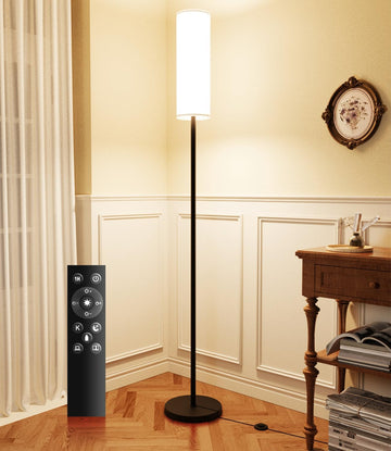 LED Floor Lamp for Living Room, Dimmable Standing Lamps with Foot Switch, Remote Custom Color Temperature Black Pole Lamp with Lampshade