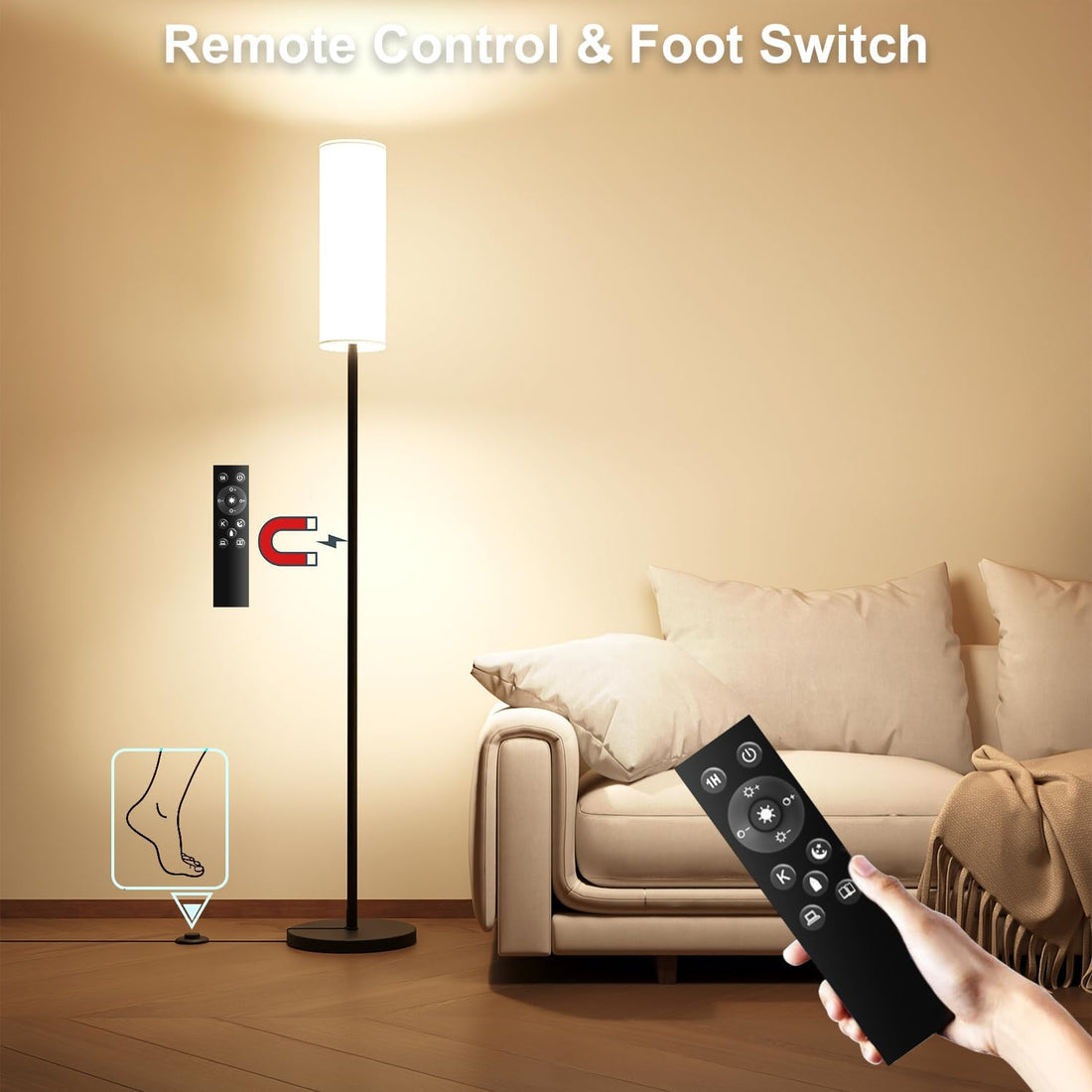 LED Floor Lamp for Living Room, Dimmable Standing Lamps with Foot Switch, Remote Custom Color Temperature Black Pole Lamp with Lampshade