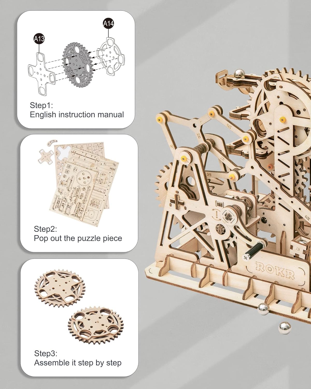 ROKR 3D Assembly Wooden Puzzle Brain Teaser Game Mechanical Gears Set LG504