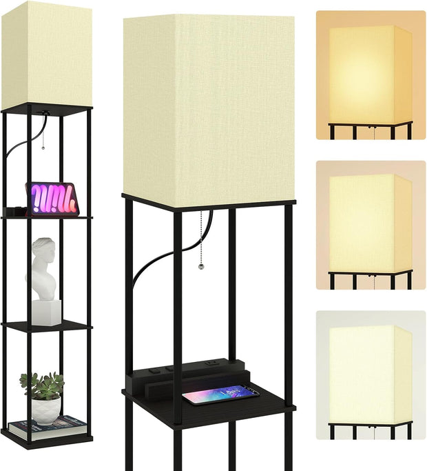 4 Tier Floor Lamp with Shelves, Shelf Floor Lamp with 2 USB Ports, 2 Power Outlet, Standing Lamp with 3 Color Temperature, Corner Lamp with Linen Shade for Living Room, Bedroom, Office
