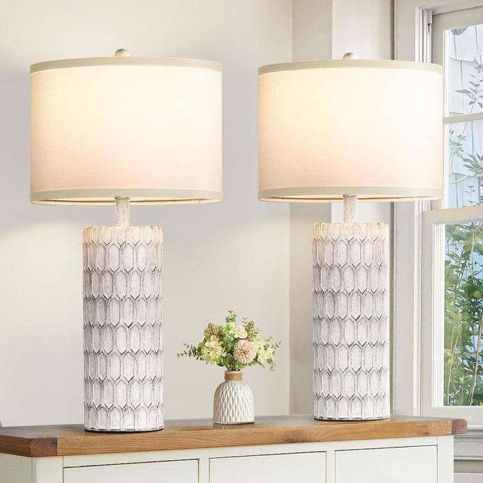 Set of 2 Modern Farmhouse Table Lamps for Bedrooms Living Room, 26" Large Rustic Resin Bedside Lamps with Antique White-Grey Finish