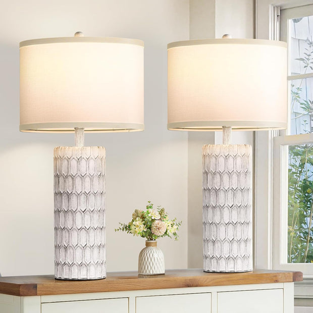 Set of 2 Modern Farmhouse Table Lamps for Bedrooms Living Room, 26" Large Rustic Resin Bedside Lamps with Antique White-Grey Finish