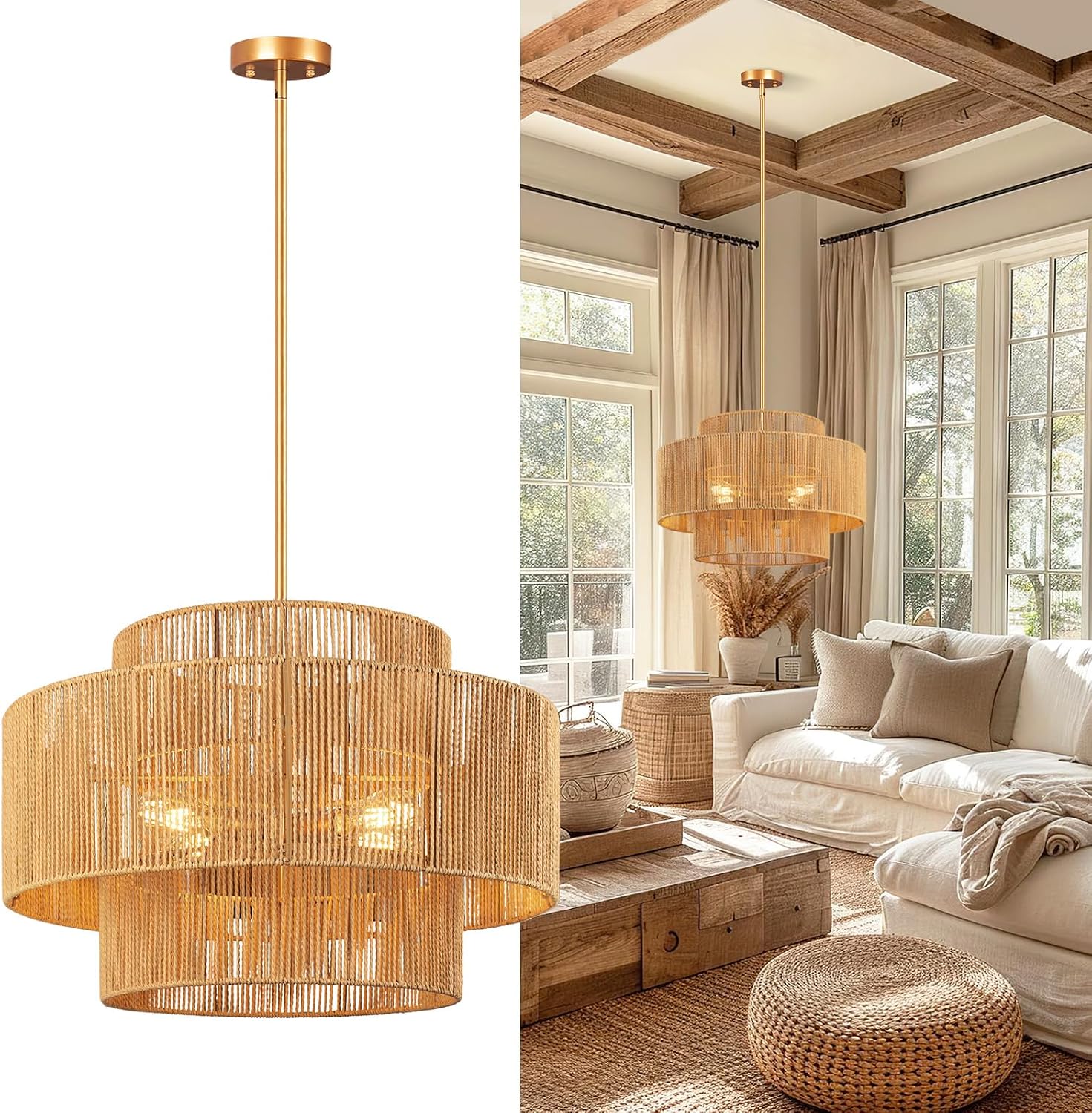24'' Boho Rattan Chandelier, 4-Light Hand-Woven Wicker Pendant Lamp, Rustic Modern Ceiling Light Fixture