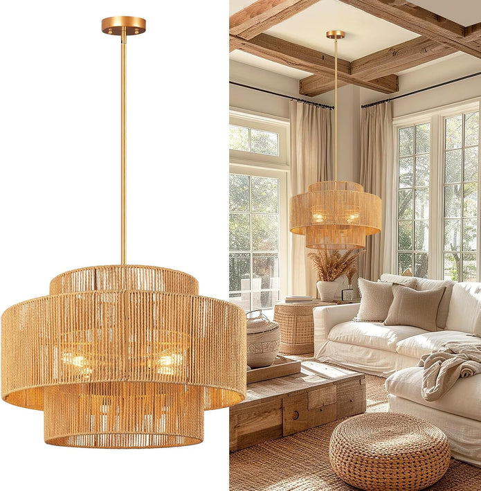 24'' Boho Rattan Chandelier, 4-Light Hand-Woven Wicker Pendant Lamp, Rustic Modern Ceiling Light Fixture