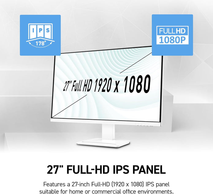 MSI PRO MP273W E14A 27-inch IPS 1920 x 1080 (FHD) Gaming Office Monitor, 120Hz, Free-Synch, HDMI, DisplayPort, VGA Port, VESA Mountable, Tilt, Speaker, 4-Side Slim Bezel 1ms, White