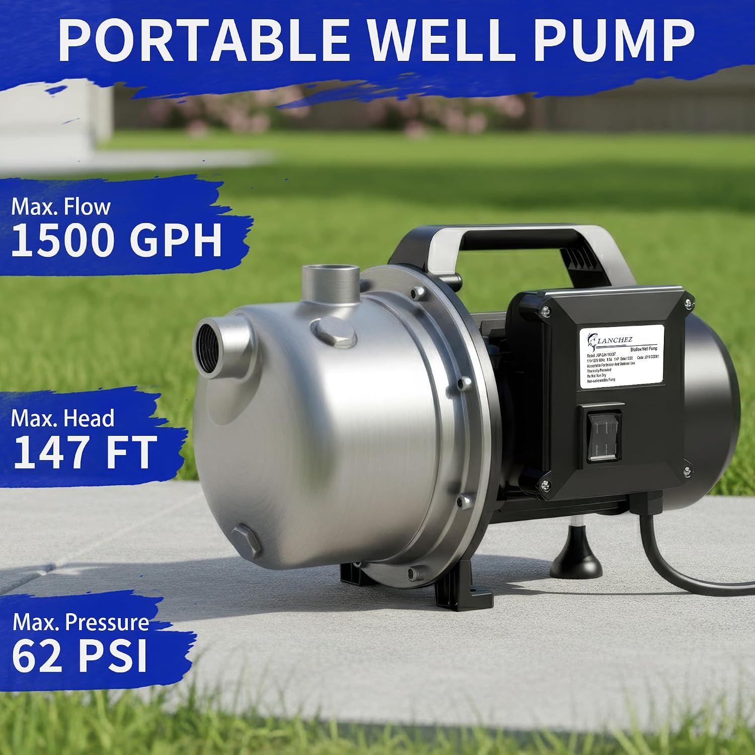 USED / LIKE NEW/ Lanchez 1 Hp Shallow Well Pumpgarden Pump, Portable Stainless Steel Water Transfer Draining Irrigation Jet Pump for Water Removal, Lawn Fountain Pump 1294 GPH 147 Feet Height