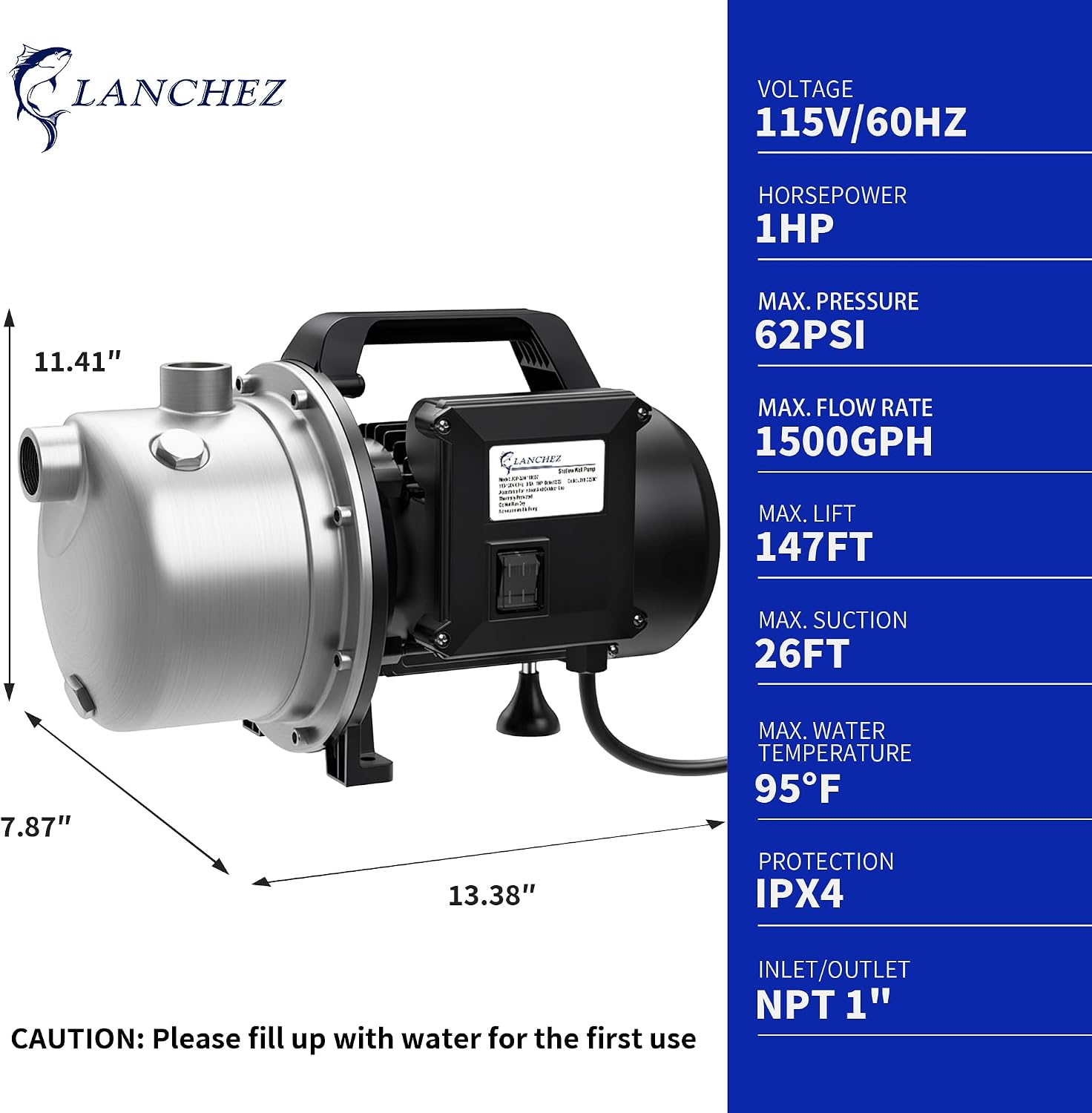 USED / LIKE NEW/ Lanchez 1 Hp Shallow Well Pumpgarden Pump, Portable Stainless Steel Water Transfer Draining Irrigation Jet Pump for Water Removal, Lawn Fountain Pump 1294 GPH 147 Feet Height