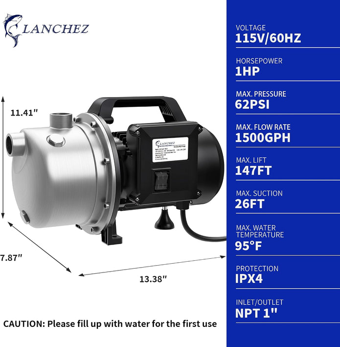 USED / LIKE NEW/ Lanchez 1 Hp Shallow Well Pumpgarden Pump, Portable Stainless Steel Water Transfer Draining Irrigation Jet Pump for Water Removal, Lawn Fountain Pump 1294 GPH 147 Feet Height