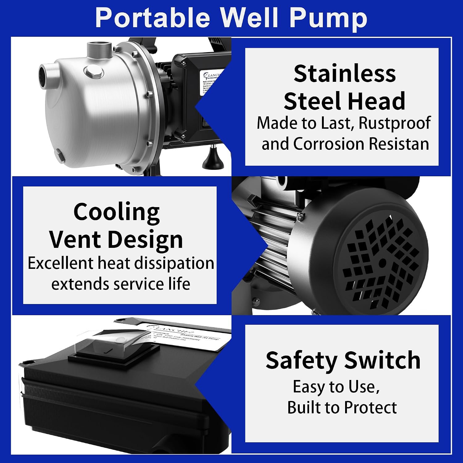 USED / LIKE NEW/ Lanchez 1 Hp Shallow Well Pumpgarden Pump, Portable Stainless Steel Water Transfer Draining Irrigation Jet Pump for Water Removal, Lawn Fountain Pump 1294 GPH 147 Feet Height