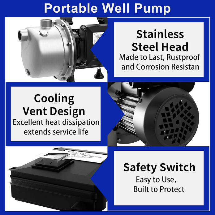 USED / LIKE NEW/ Lanchez 1 Hp Shallow Well Pumpgarden Pump, Portable Stainless Steel Water Transfer Draining Irrigation Jet Pump for Water Removal, Lawn Fountain Pump 1294 GPH 147 Feet Height