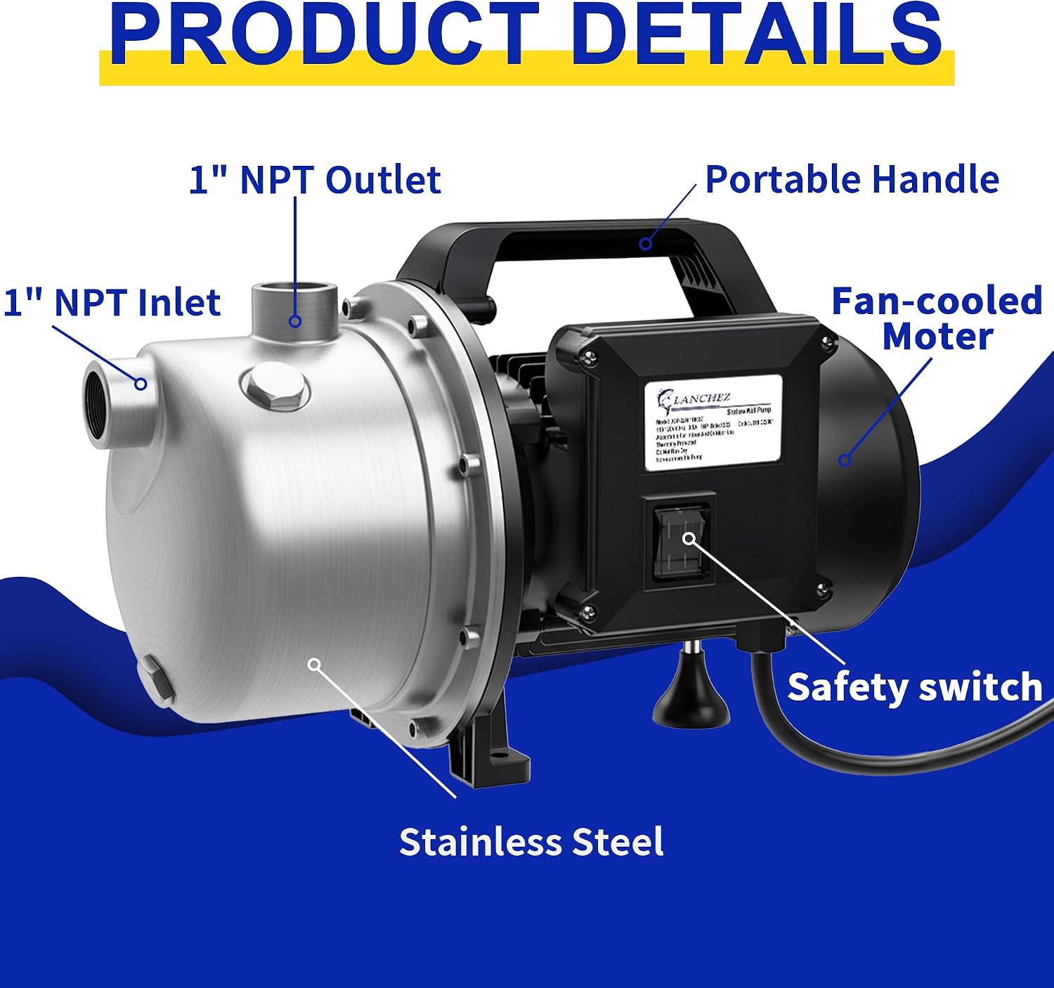 USED / LIKE NEW/ Lanchez 1 Hp Shallow Well Pumpgarden Pump, Portable Stainless Steel Water Transfer Draining Irrigation Jet Pump for Water Removal, Lawn Fountain Pump 1294 GPH 147 Feet Height