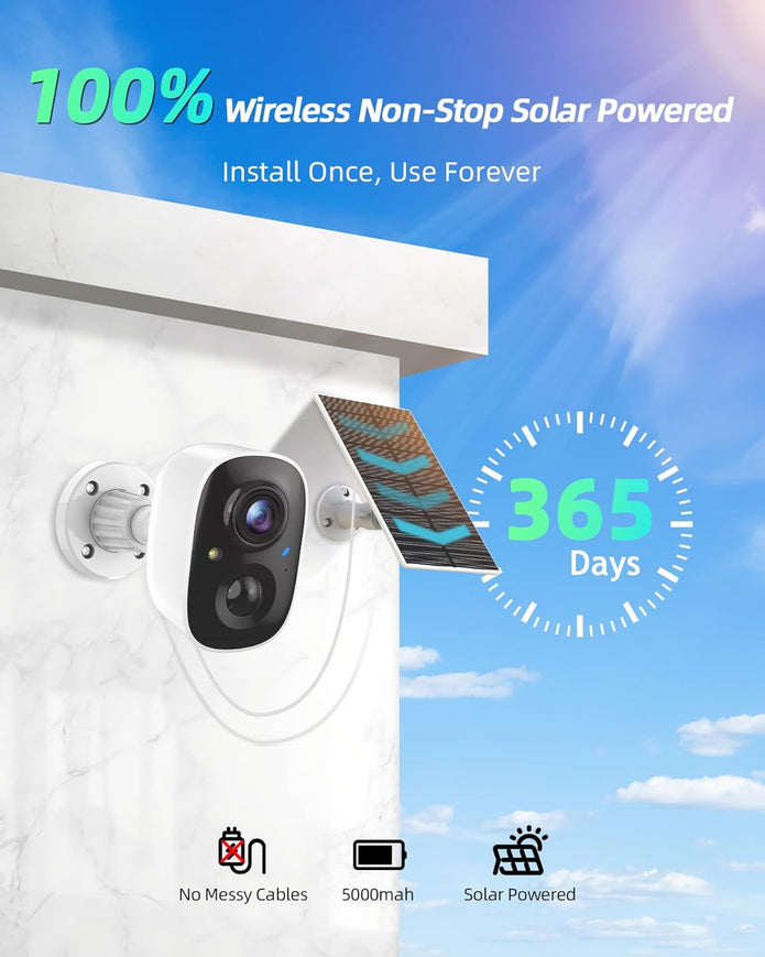 MaxiViz Solar Security Cameras Wireless Outdoor, Home Security Camera Outdoor with Solar Panel, 2K Color Night Vision, AI Motion Detection, Two-Way Talk, IP66 Weatherproof, 2.4G WiFi, Cloud/SD Storage