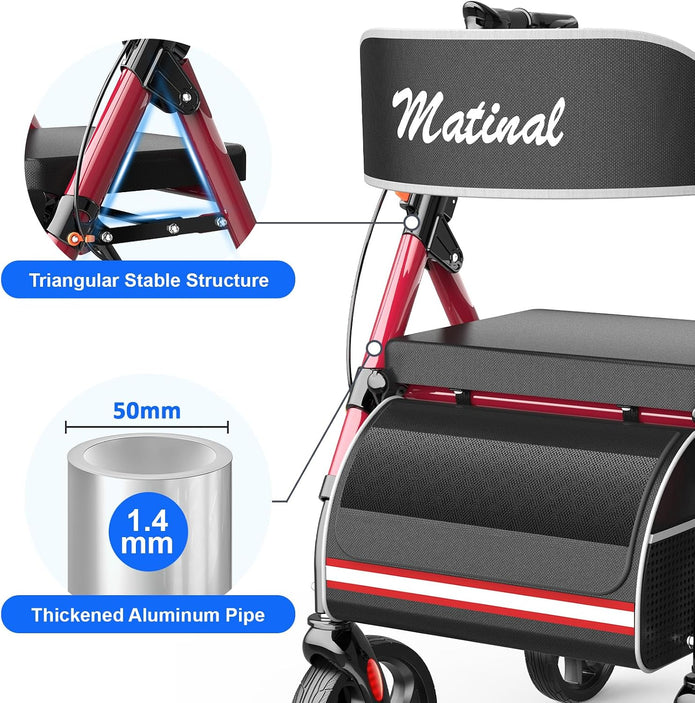 Foldable Walkers for Seniors, Rollator Walkers with Seat for Seniors, 350 lb Capacity, 6-Level Adjustable Height, 8