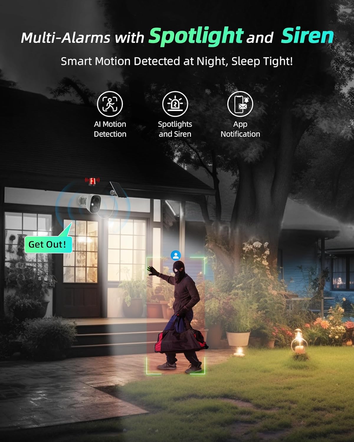 MaxiViz Solar Security Cameras Wireless Outdoor, Home Security Camera Outdoor with Solar Panel, 2K Color Night Vision, AI Motion Detection, Two-Way Talk, IP66 Weatherproof, 2.4G WiFi, Cloud/SD Storage