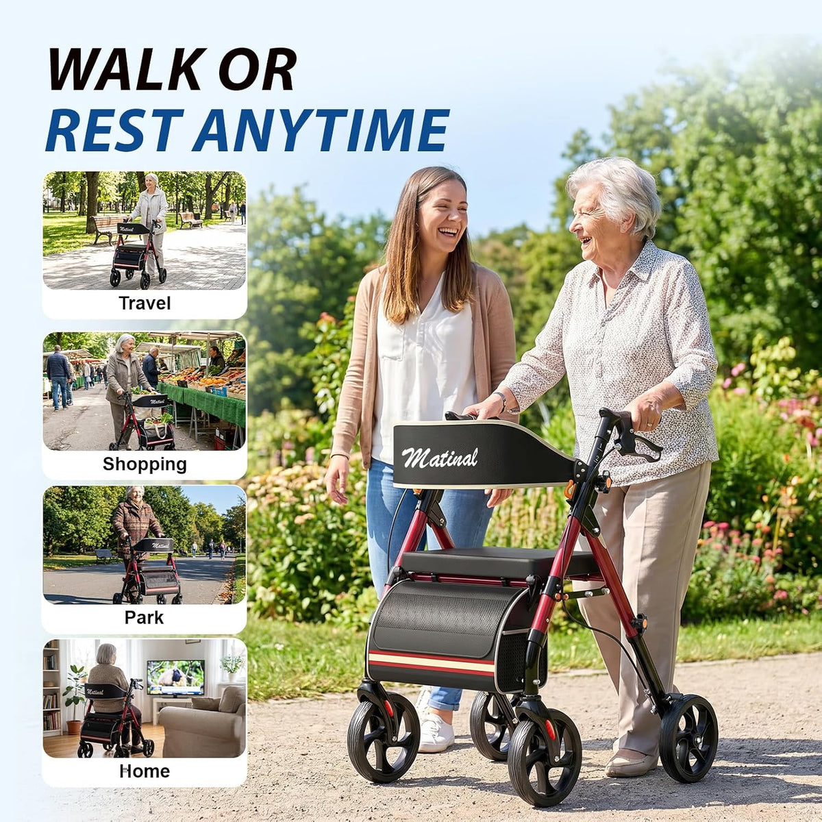 Foldable Walkers for Seniors, Rollator Walkers with Seat for Seniors, 350 lb Capacity, 6-Level Adjustable Height, 8