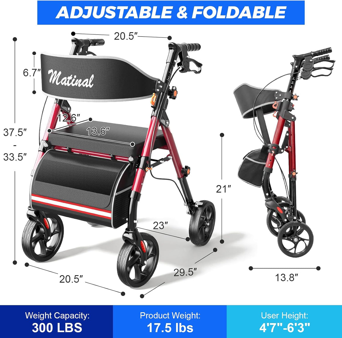 Foldable Walkers for Seniors, Rollator Walkers with Seat for Seniors, 350 lb Capacity, 6-Level Adjustable Height, 8