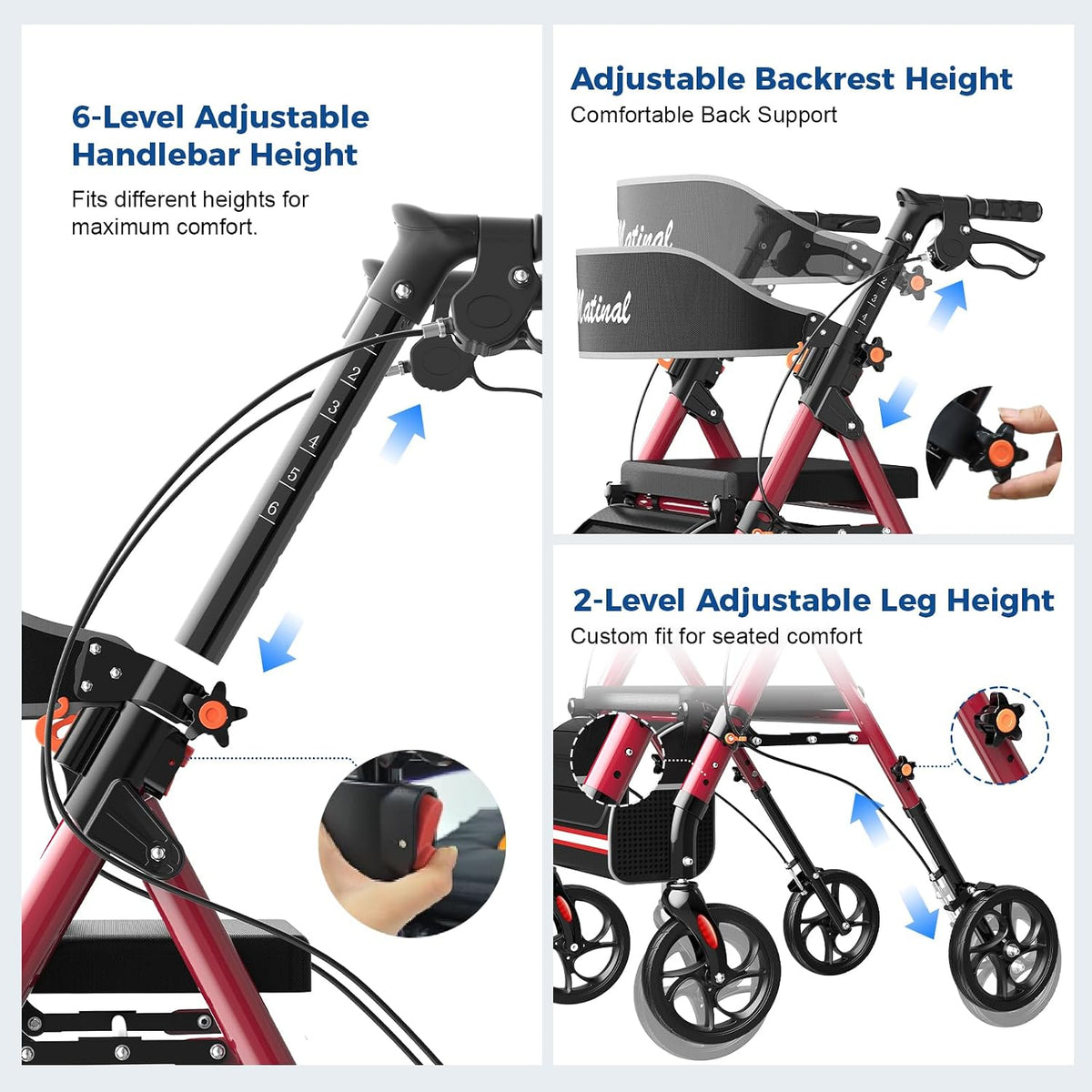 Foldable Walkers for Seniors, Rollator Walkers with Seat for Seniors, 350 lb Capacity, 6-Level Adjustable Height, 8