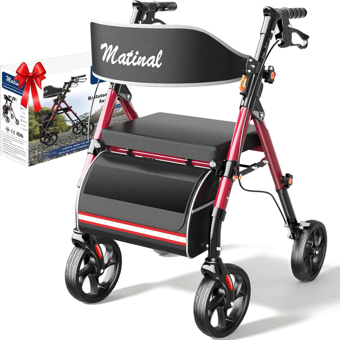 Foldable Walkers for Seniors, Rollator Walkers with Seat for Seniors, 350 lb Capacity, 6-Level Adjustable Height, 8" Big Wheels (Burgundy)