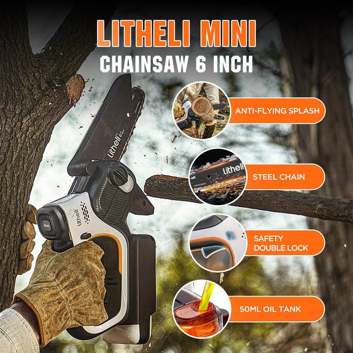 Litheli 20V Mini Chainsaw 6 inch Brushless Cordless Chain Saw with 2.0Ah Battery & Cable, 450W 24.6ft/s Auto-Oiling Handheld Electric Chainsaw for Wood Cutting, Yard