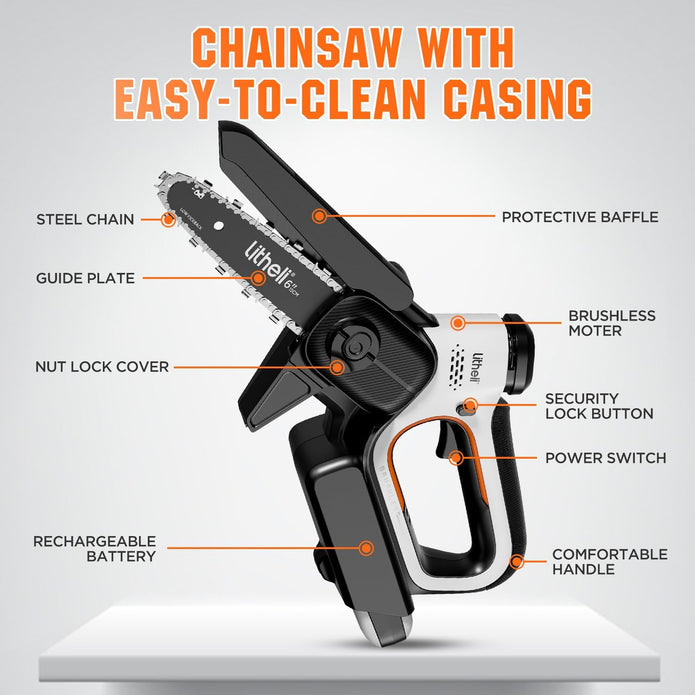 Litheli 20V Mini Chainsaw 6 inch Brushless Cordless Chain Saw with 2.0Ah Battery & Cable, 450W 24.6ft/s Auto-Oiling Handheld Electric Chainsaw for Wood Cutting, Yard