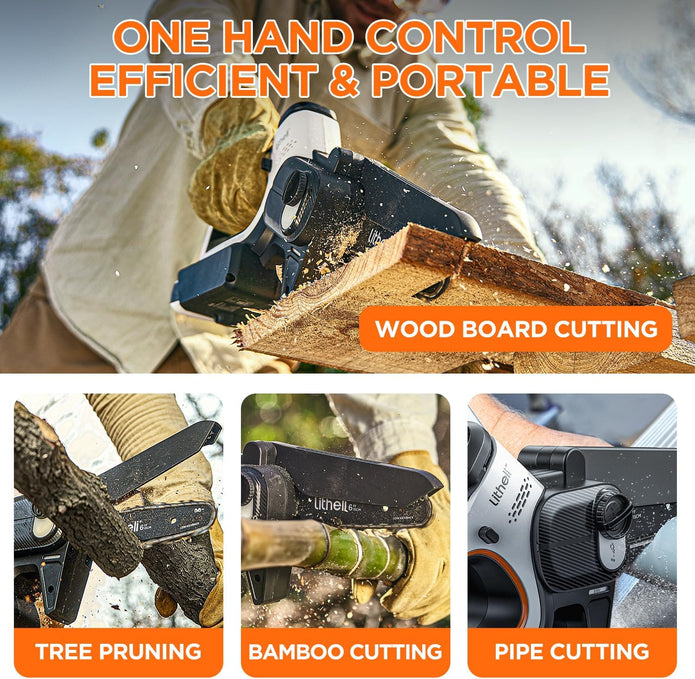 Litheli 20V Mini Chainsaw 6 inch Brushless Cordless Chain Saw with 2.0Ah Battery & Cable, 450W 24.6ft/s Auto-Oiling Handheld Electric Chainsaw for Wood Cutting, Yard