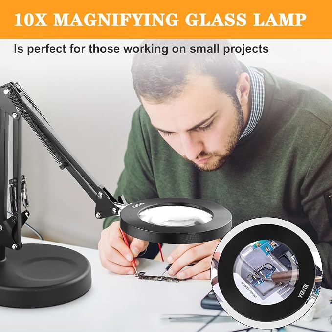 10X Magnifier with Stand, 2-in-1 Base Mounting Magnifying Glass for Hobby, Close Work, Precision Machinery Repair, Reading, Craft