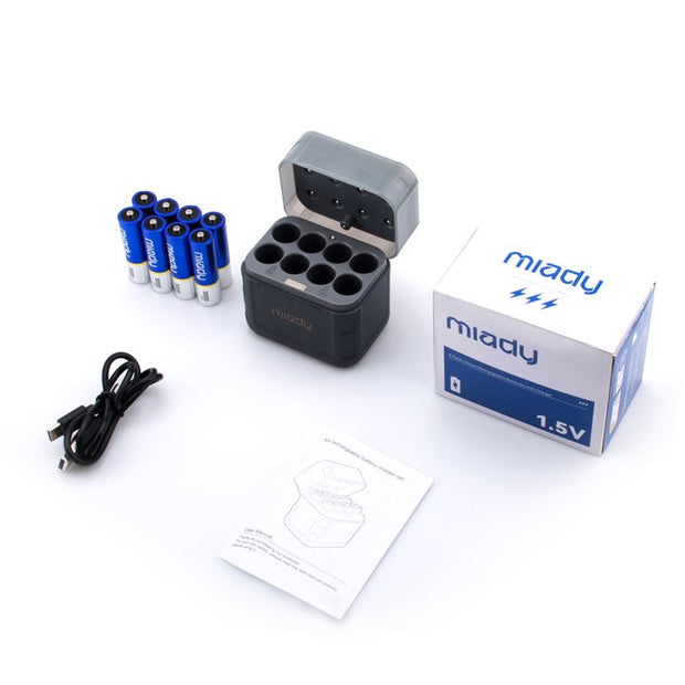 Miady Rechargeable Lithium AA Batteries 8 Pack with Fast Charger, 1.5V 3000mWh High Capacity Lithium AA Batteries, Double A Batteries with 2000+ Cycles for High-Drain Devices Cable Charging