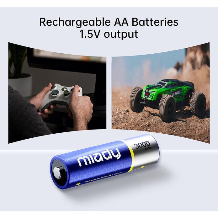 Miady Rechargeable Lithium AA Batteries 8 Pack with Fast Charger, 1.5V 3000mWh High Capacity Lithium AA Batteries, Double A Batteries with 2000+ Cycles for High-Drain Devices Cable Charging