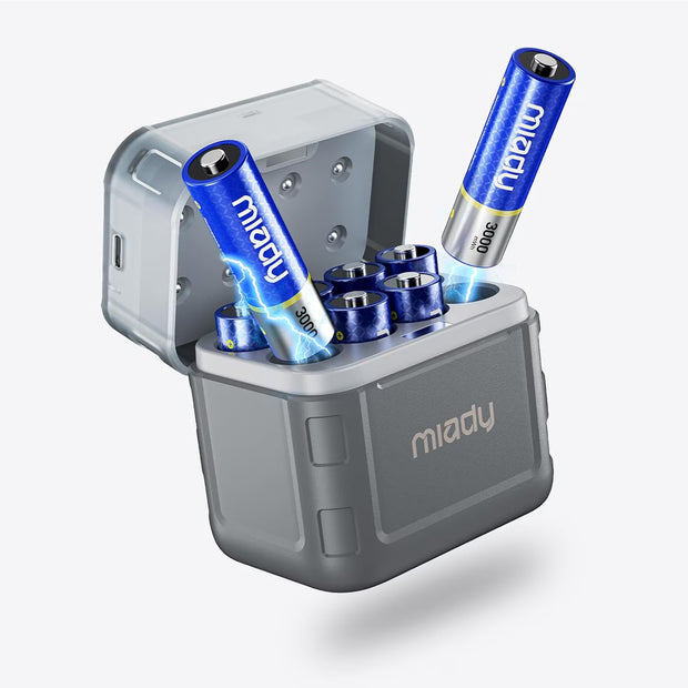 Miady Rechargeable Lithium AA Batteries 8 Pack with Fast Charger, 1.5V 3000mWh High Capacity Lithium AA Batteries, Double A Batteries with 2000+ Cycles for High-Drain Devices Cable Charging