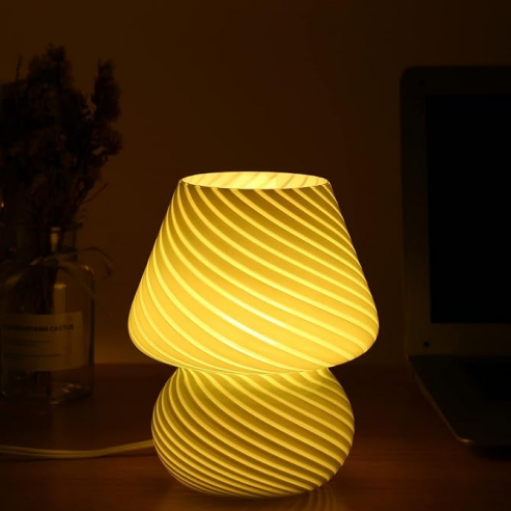 Mushroom Lamp,Glass Table Bedside Translucent Murano Vintage Style Striped Small Night Light Swirl for Ambient, Kids, Bedroom, Living (Stripe Green)