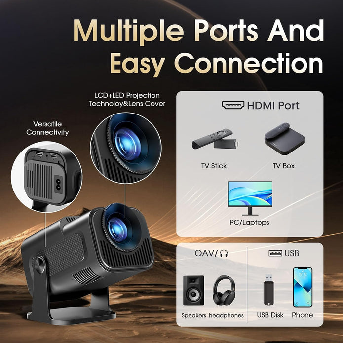 Mini Projector 2025 Upgraded Dual Control 1980x1080P 4K Support Portable Video Projector WiFi 6 BT5.2 270° Keystone Compatible with TV Stick/Memory Stick/Smartphone/USB/Laptop