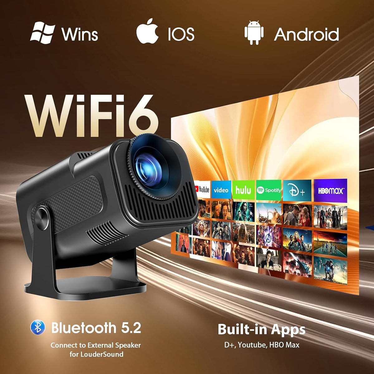 Mini Projector 2025 Upgraded Dual Control 1980x1080P 4K Support Portable Video Projector WiFi 6 BT5.2 270° Keystone Compatible with TV Stick/Memory Stick/Smartphone/USB/Laptop
