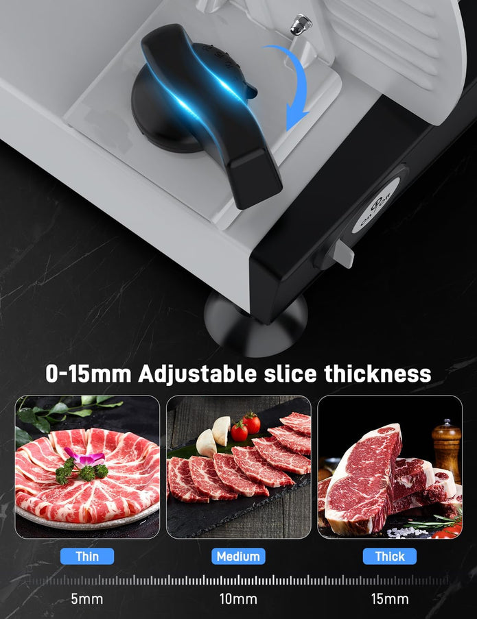 200W Meat Slicer Machine for Home, DC Motor Quiet Deli Slicer with 2 Removable 7.5'' Stainless Steel Blades, Adjustable Dial for 0-15mm