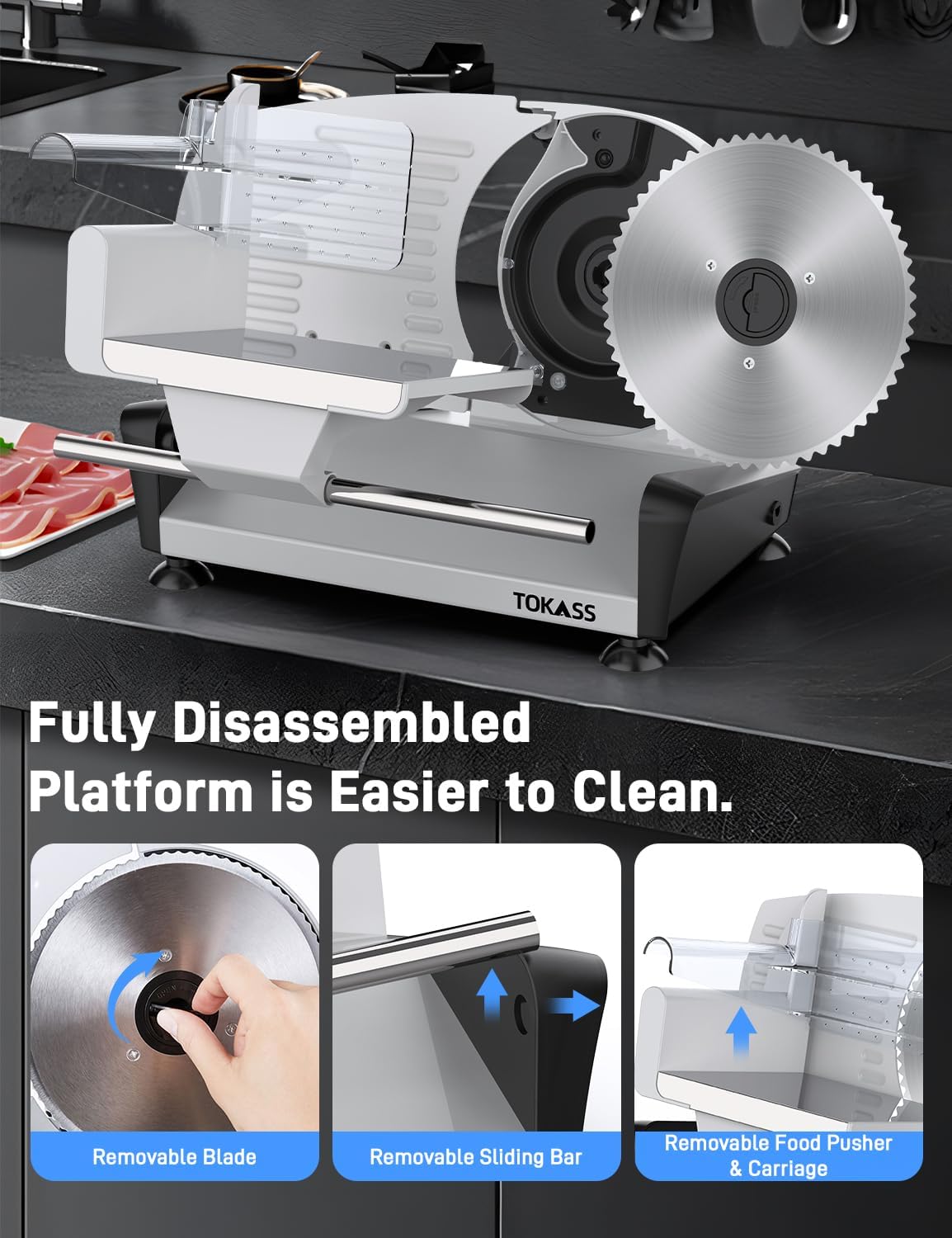 200W Meat Slicer Machine for Home, DC Motor Quiet Deli Slicer with 2 Removable 7.5'' Stainless Steel Blades, Adjustable Dial for 0-15mm