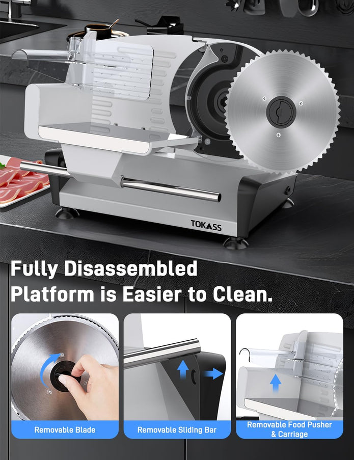 200W Meat Slicer Machine for Home, DC Motor Quiet Deli Slicer with 2 Removable 7.5'' Stainless Steel Blades, Adjustable Dial for 0-15mm