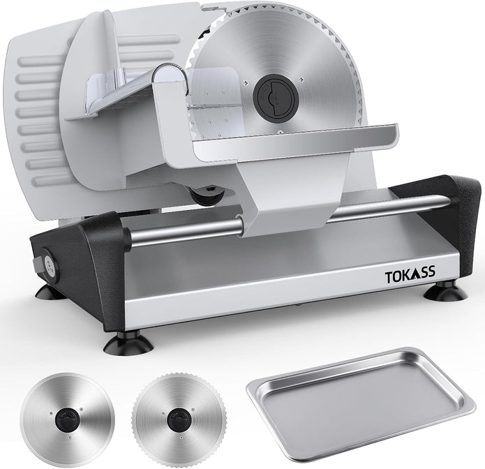 200W Meat Slicer Machine for Home, DC Motor Quiet Deli Slicer with 2 Removable 7.5'' Stainless Steel Blades, Adjustable Dial for 0-15mm