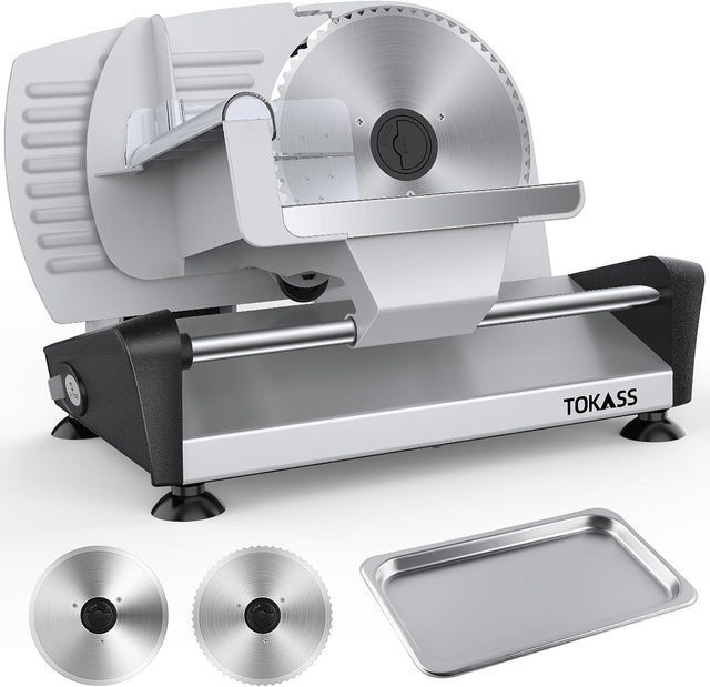 200W Meat Slicer Machine for Home, DC Motor Quiet Deli Slicer with 2 Removable 7.5'' Stainless Steel Blades, Adjustable Dial for 0-15mm