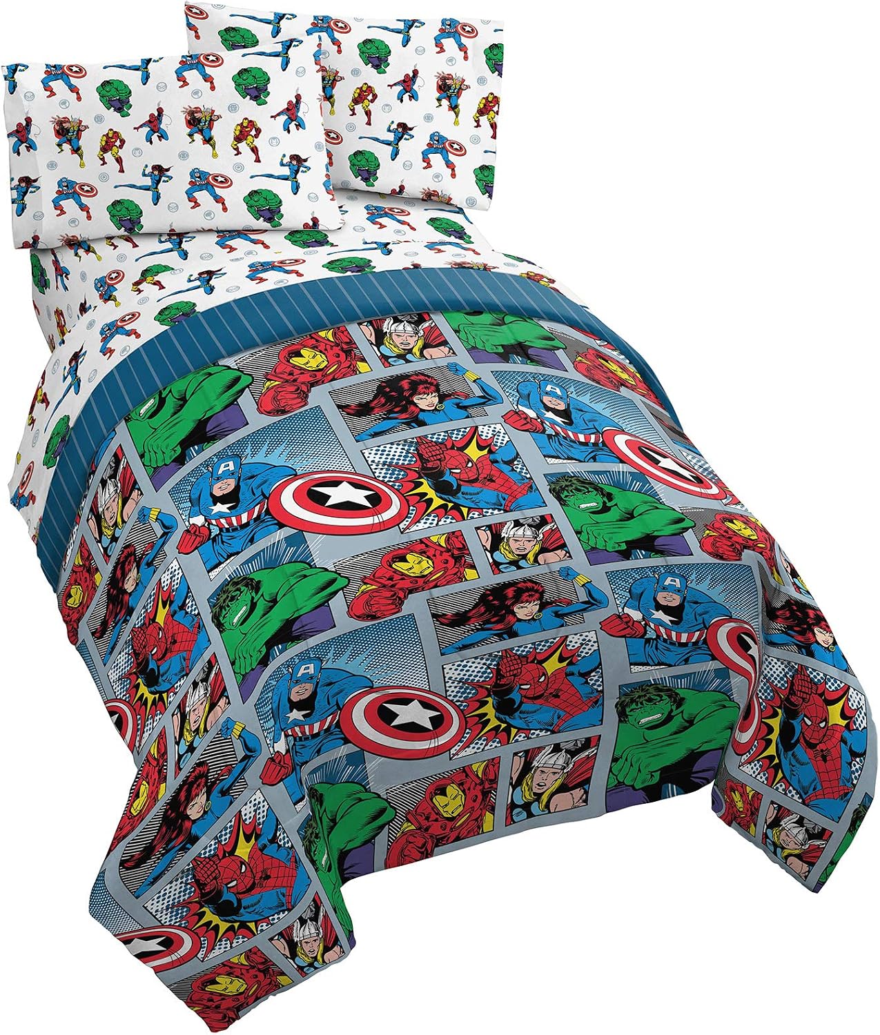 Jay Franco Marvel Avengers Fighting Team 5 Piece Full Bed Set - Includes Reversible Comforter & Sheet Set Bedding