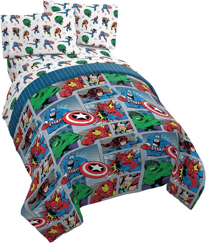 Jay Franco Marvel Avengers Fighting Team 5 Piece Full Bed Set - Includes Reversible Comforter & Sheet Set Bedding