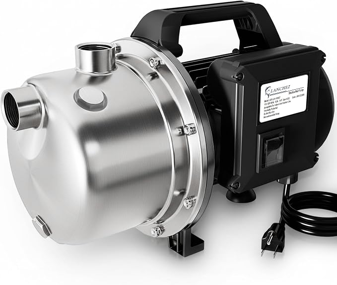USED / LIKE NEW/ Lanchez 1 Hp Shallow Well Pumpgarden Pump, Portable Stainless Steel Water Transfer Draining Irrigation Jet Pump for Water Removal, Lawn Fountain Pump 1294 GPH 147 Feet Height