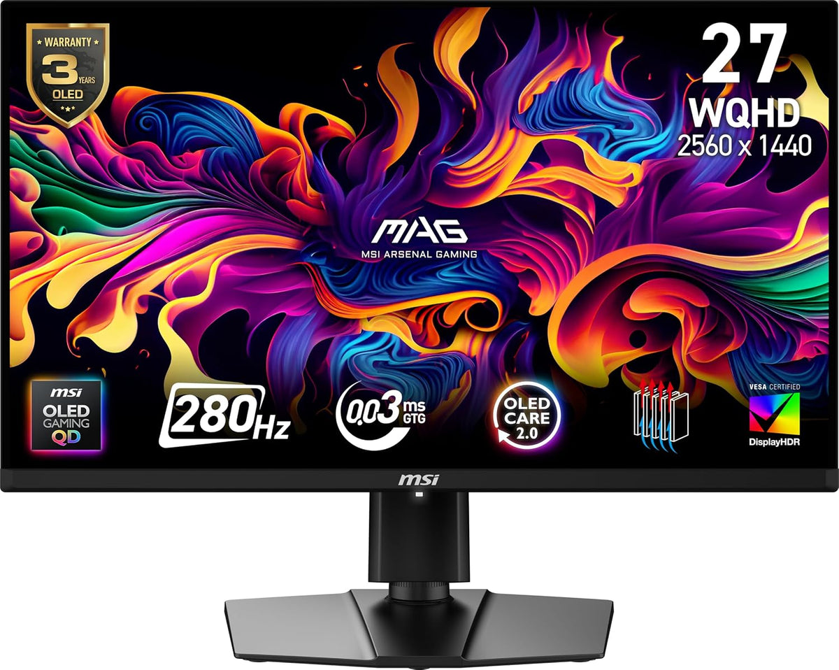 MSI MAG 271QP QD-OLED X28 27-inch 2560 x 1440 (QHD) Gaming Monitor, 280Hz, Adaptive-Synch, HDR Ready, HDMI, VGA Port,VESA Mountable, Tilt, 4-Side Slim Bezel, 0.03ms, Black