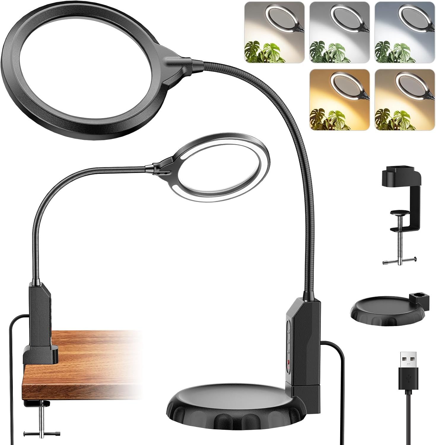 Magnifying Glass with Light and Stand, 15X & 8X Magnifying Lamp with Clamp, 5 Color Lighting Modes Stepless Dimmable LED Desk Lamp Hands Free